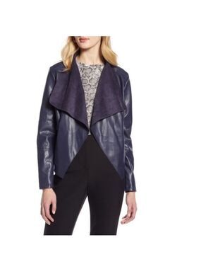 Halogen Faux Leather Drape Front Jacket